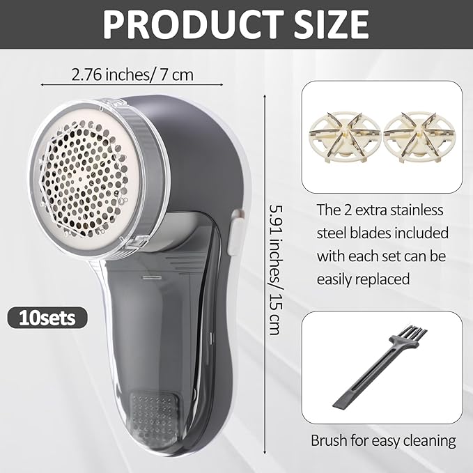 Ferrochef 10 Pack Fabric Shaver and Lint Remover,Sweater Defuzzer with 20 Replaceable Blades,Fuzz Remover Furniture Sweater Shavers to Remove Pilling, Battery Operated, Gray