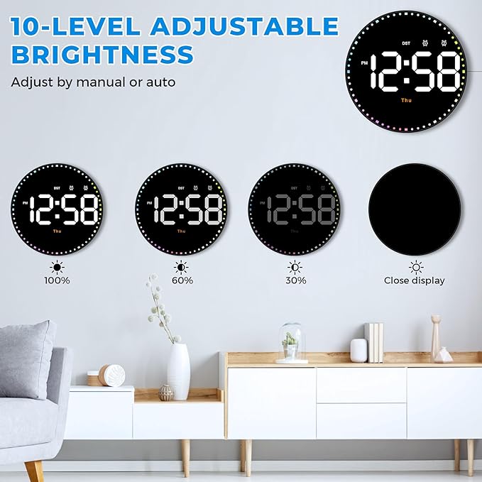 SZELAM Digital Wall Clock,10" Digital Clock Large Display with Remote Control,Adjustable Brightness, Calendar, Temperature, 12/24 H, for Living Room Office Bedroom Elderly Adults