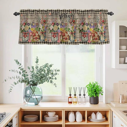 Kitchen Curtains Tiers and Valance Set of 3, Spring Flowers Light Filtering - Image 4