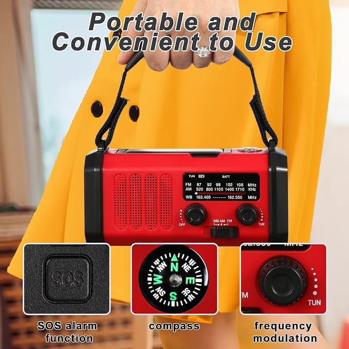 Emergency Crank Radio10000mAh/37000mWh AM/FM/NOAA Weather Radio, Solar/Hand - Image 4