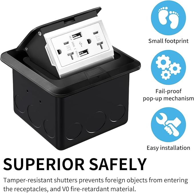 Vagueior Recessed Floor Electrical Outlet Kit,Waterproof Electrical Outlet Covcer Box,Hidden 4.8A USB+20A Tamper-Resistant Receptacle Outlet with Slow Elastic Damping ，ETL Certified,Black(1 Pack)