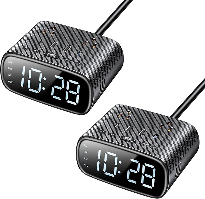 2PCS Alarm Clock with 2 USB-C, 2 USB-A Chargers Power Strip 2 Outlets - Screen LED Dimmable Digital Clock with Snooze Function - Dual Alarm for Bedside Nightstand