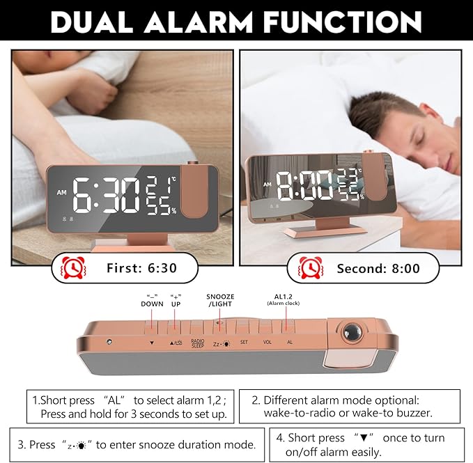 Mightree Projection Alarm Clock for Bedroom, Digital Alarm Clock with USB Charger, 7.4" Large LED Mirror Display Radio Alarm Clock, Dual Smart Alarm with Projection on Ceiling, Rose Gold