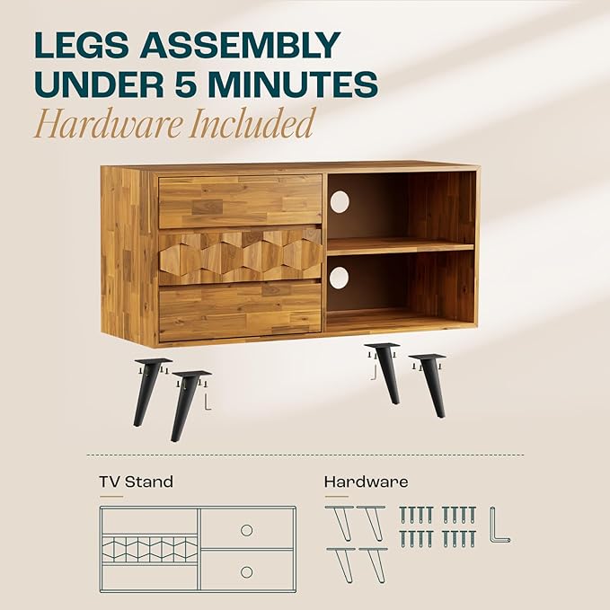 Bme Georgina 45 Inch Solid Wood TV Stand, Under 10 Minutes Assembly Entertainment Center with Storage, Geometric Pattern TV Console for Living Room, Bedroom, Dinning Room - Teak Brown
