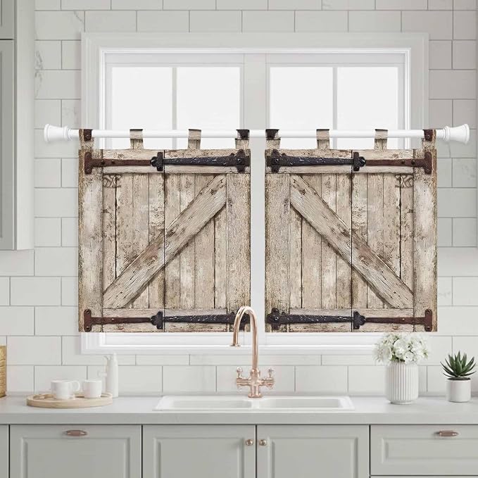 Farmhouse Wood Grain Kitchen Curtains 36 Inch Length, Small Window Curtains Tab - Image 3