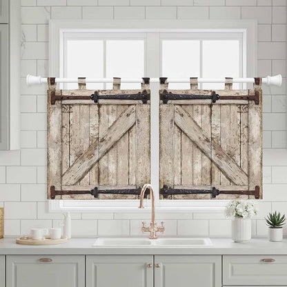 Farmhouse Wood Grain Kitchen Curtains 24 Inch Length, Small Window Curtains Tab - Image 3