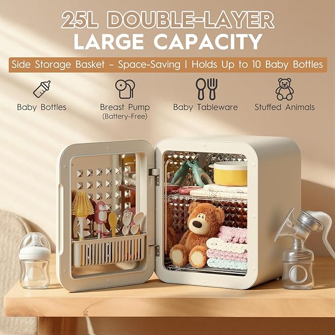 Baby Bottle Sterilizer and Dryer, 25L Large Capacity with 23 LEDs & Hot Air Drying, for Bottles, Pacifiers, Breast Pump, Ultra Quiet with Night Light