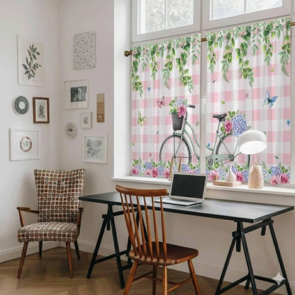Spring Kitchen Curtains, Bicycles Leaves Butterfly Flowers Pink Buffalo Plaid - Image 6