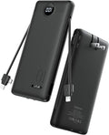 VRURC Portable Charger with Wall Plug, 10000mAh Slim Portable Charger Built in Cables,PD 20W Fast Charging Power Bank with Cords,USB C Portable Phone Charger Travel Accessories -Black(1 Pack)