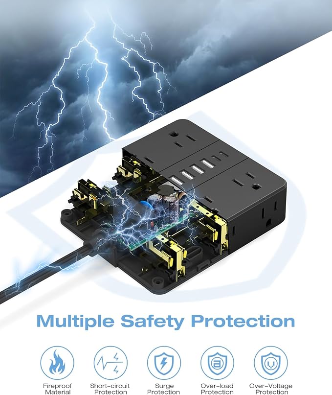 AOFO 20FT Surge Protector Power Strip,12 AC Outlets with 6 USB Ports (2 USB-C), Flat Plug Extension Cord with Multiple Outlets, Wall Mount for Home Office,Dorm,Black