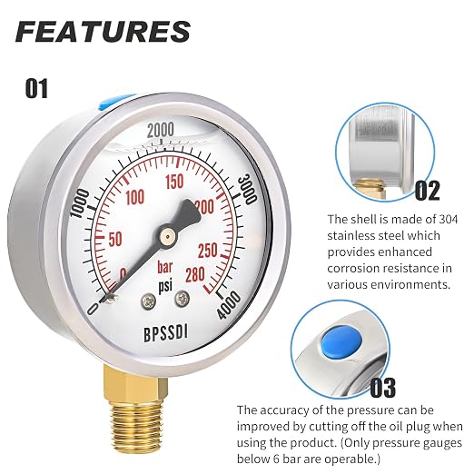 0-4000 Psi Glycerin Liquid Filled Hydraulic High Pressure Gauge, 2.5" Dial Size - Image 4