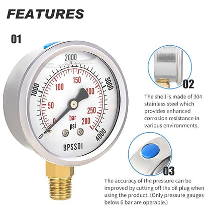 0-4000 Psi Glycerin Liquid Filled Hydraulic High Pressure Gauge, 2.5" Dial Size - Image 4