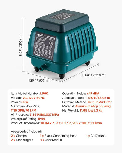 VEVOR Linear Air Pump 1110 GPH | Pond Aerator & Septic Tank Pump - Image 7