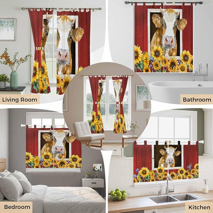 Cows Sunflowers Kitchen Curtains 45 Inch Length, Short Cafe Window Curtains Tab - Image 7