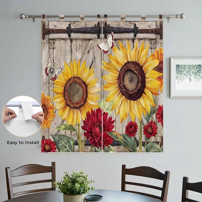 Sunflowers Bedroom Curtains 72 Inch Length, Window Curtains Tab Top, Retro - Image 4