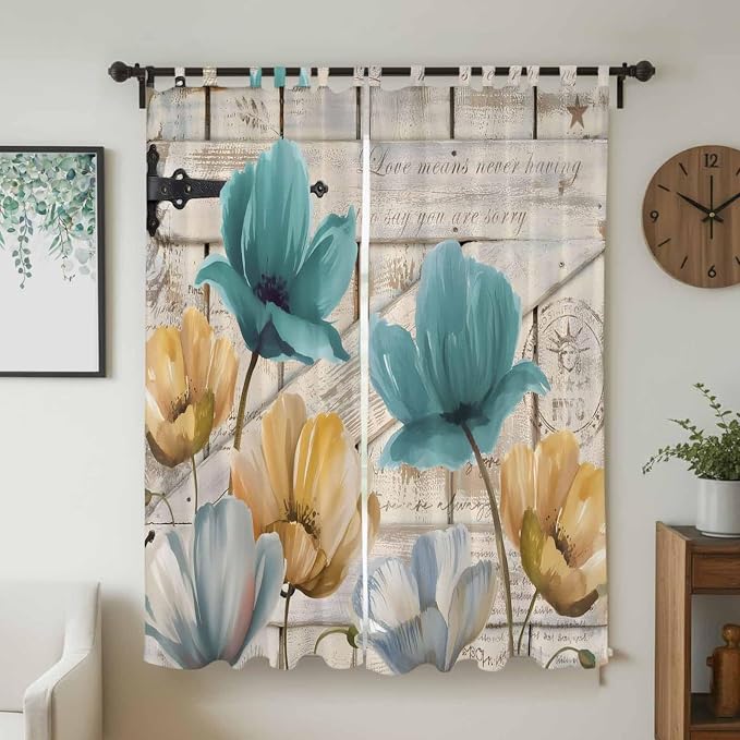 Watercolor Flowers Living Room Curtains 96 Inch Length, Window Curtains Tab Top - Image 2