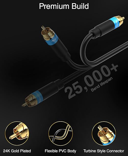 BlueRigger RCA Audio Subwoofer Cable (50FT, Dual Shielded, Gold Plated RCA Connectors) – for Subwoofer, Amplifier, Home Theater