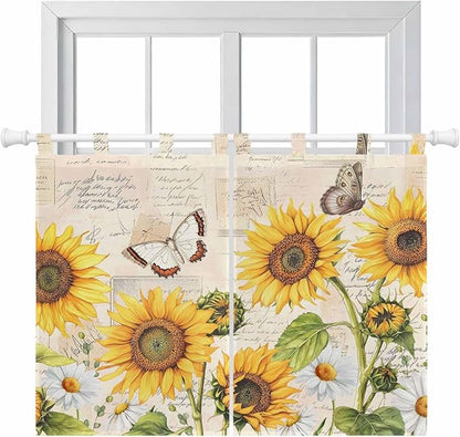 Yellow Sunflowers Kitchen Curtains 45 Inch Length, Short Cafe Window Curtains by Unknown