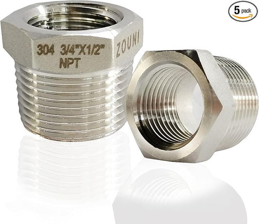 2 Pcs Reducer Hex Bushing, 304 Stainless Steel 3/4" Male NPT to 1/2" Female by Zounionline
