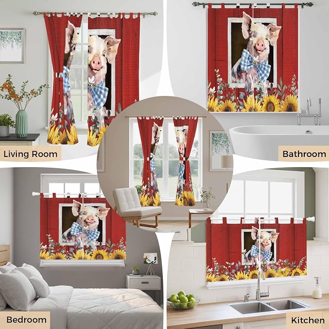 Pig Sunflowers Kitchen Curtains 24 Inch Length, Small Window Curtains Tab Top - Image 7