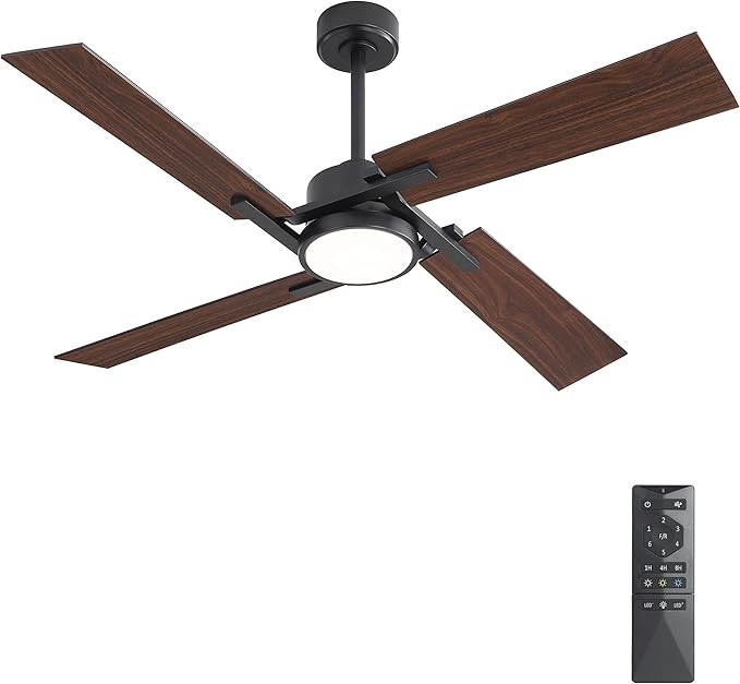 WINGBO 54 Inch Ceiling Fan with Light and Remote, 4 Plywood Blades, 6-Speed Reversible DC Motor, Dimmable, 3CCT, Farmhouse Ceiling Fan for Bedroom Living Room Kitchen, Black and Walnut/Shadowed Walnut