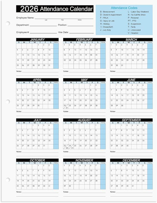 2026 Attendance Calendar Work Tracker Attendance Calendar Cards - 8.5 X 11 Cardstock/Pack of 25 Sheets
