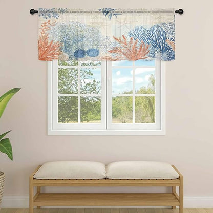 Ocean Corals Sheer Valance Curtains, Summer Beach Coral Sea Stars Retro Texture - Image 4