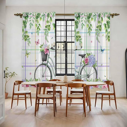 Spring Kitchen Curtains, Bicycles Botanical Leaves Rose Colorful Stripes Light - Image 2