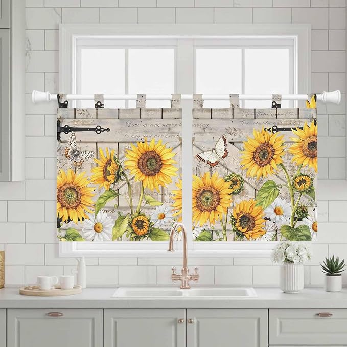 Farm Flowers Kitchen Curtains 36 Inch Length, Small Window Curtains Tab Top - Image 3