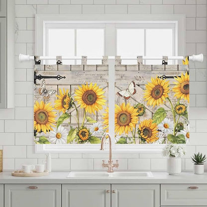 Farm Flowers Kitchen Curtains 36 Inch Length, Small Window Curtains Tab Top - Image 3