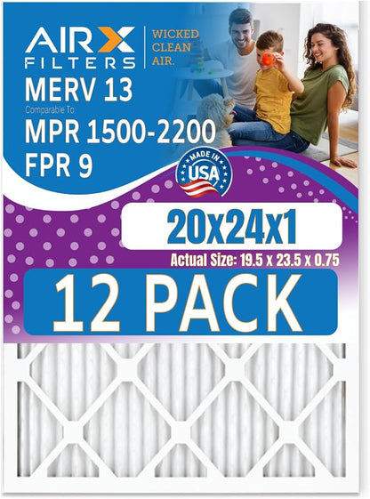 20x24x1 Air Filter MERV 13 Rating, 12 Pack of Furnace Filters Comparable to MPR by AIRXFILTERSWICKEDCLEANAIR
