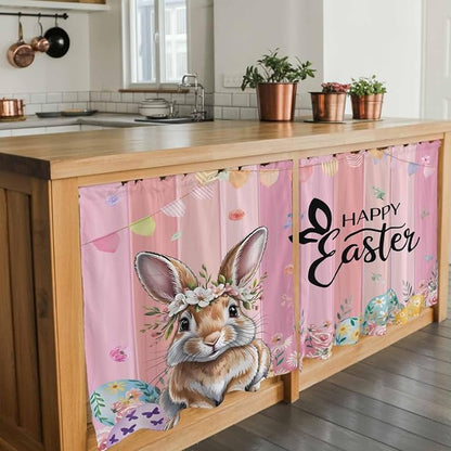 Easter Tier Curtains, Spring Rabbit Eggs Flowers Flags Leaves Wood Grain Light - Image 7