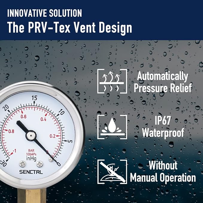 SENCTRL 30inHg Vacuum Pressure Gauge, 1/4 NPT Lower Mount, Waterproof, - Image 5