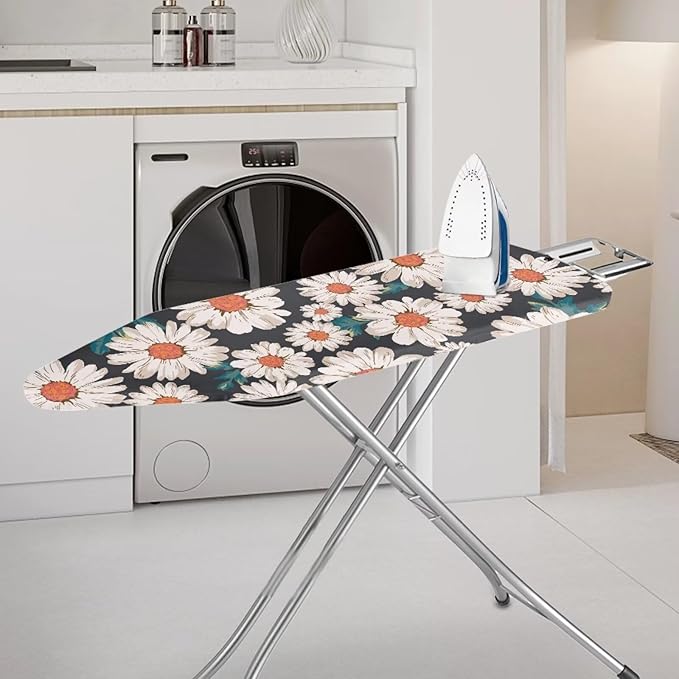 ZCFYGDX Breathable Ironing Board Cover,Resist Scorch Polyester & Staining,Wear & Soil Resistant Covers, Easy Installation 3 Fasteners,Elastic Edges (18 x 58 inch) Oil Painting White Daisy Print