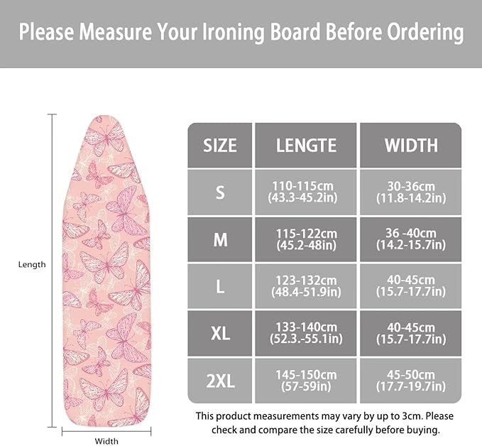 ZCFYGDX Breathable Ironing Board Cover Decor, Resist Scorching & Staining, 18x58 Wear & Soil Resistant Covers, Elastic Edges,3 Fasteners,Anti-Scorch Polyester Butterfly Pattern Pink Print