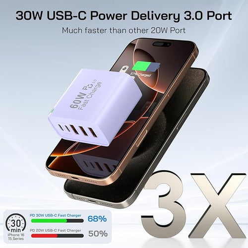2Pack USB C Fast Charger Block, Total 60W 5-Port USB C Wall Charger 30W Type C Charging Block, 2USB C+3USB A PD 3.0 Multiport Charging Cube for iPhone 17 16 15 14 Pro Max, G-alaxy S25 S24 Ultra, i Pad