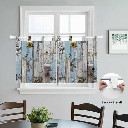 Blue Grey Wooden Kitchen Curtains 24 Inch Length, Small Window Curtains Tab Top - Image 4