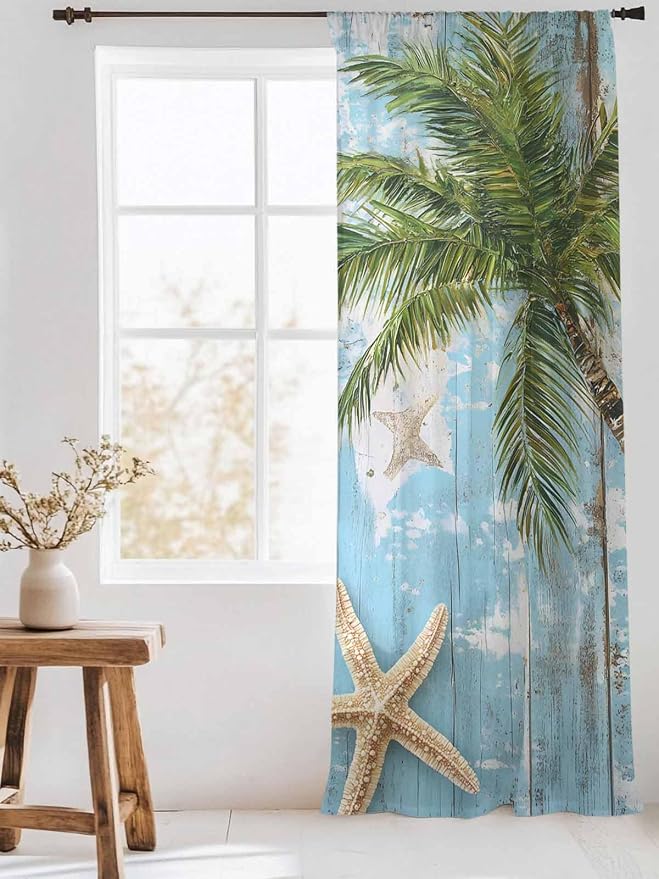 Sheer Curtains 96 Inches Long, Coastal Beach Blue Semi Sheer Curtains Light - Image 3