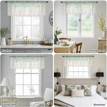Green Leaf Sheer Valance Curtains, Eucalyptus Leaves Vintage Linen Texture - Image 9