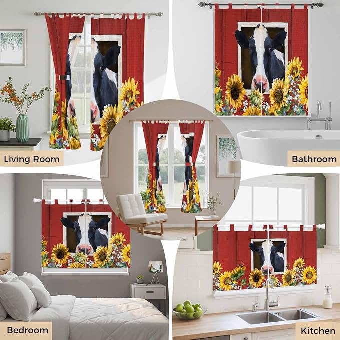 Cow Sunflowers Kitchen Curtains 36 Inch Length, Small Window Curtains Tab Top - Image 7