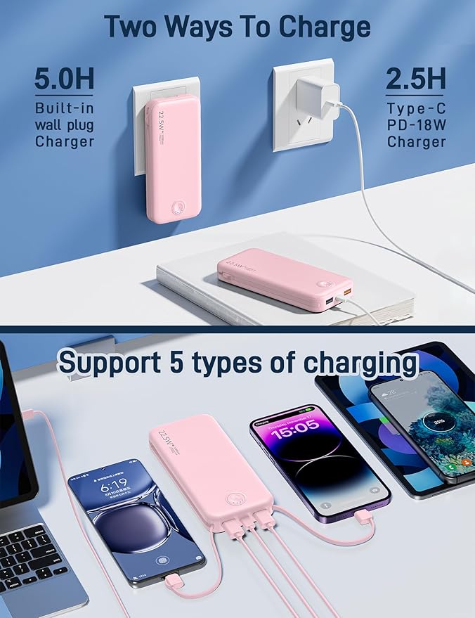 Nusyddy Portable Charger, 12000mAh 22.5W Fast Charging Power Bank with Built-in Cables & Wall Plug, Travel Essentials External Battery Pack, USB C Battery Phone Charger for iPhone, iPad, Samsung Pink
