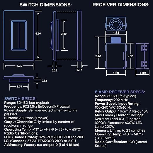 RunLessWire 3-Way Fan & Light Battery-Free DIY Kinetic Wireless Light Switch Kit for Bathrooms & Ceiling Fans: 2 Dual Remote Switches, Both Control 2 5A On/Off Receivers Separately – Light Almond