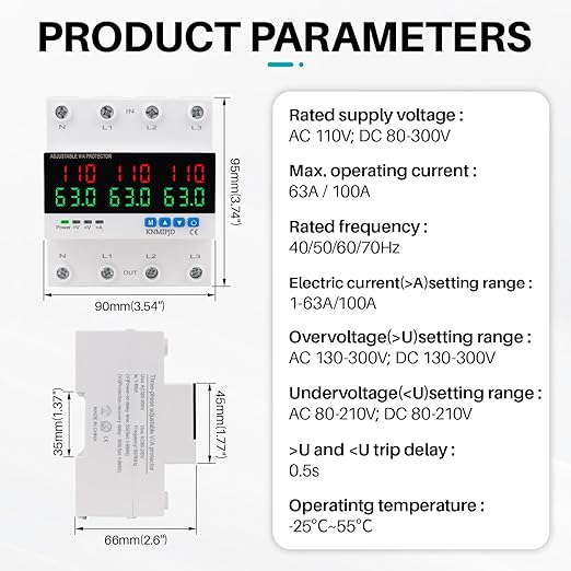 KNMIPJD Over Under Voltage Protection Device, 110V 63A Adjustable Circuit Breaker with LED Display for Real-Time Monitoring of Voltage, Current, Power, Home Commercial Electrical Safety（4P 63A）