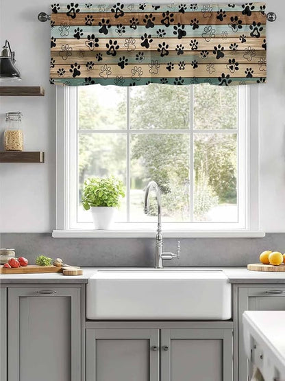 Dog Paws Valance Curtains for Kitchen, Teal Brown Wood Grain Privacy Rod Pocket - Image 4