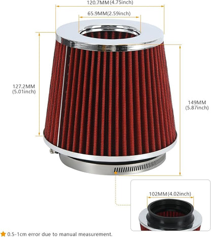 PTNHZ Universal Red 4" 102mm High Flow Cold Air Intake Cone Air Filter Power - Image 4