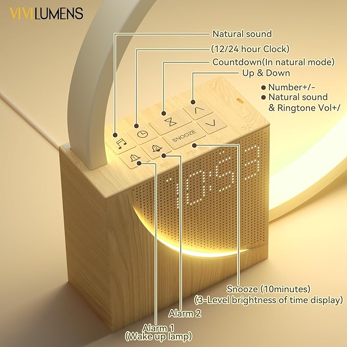 Vivilumens Sunrise Alarm Clock for Heavy Sleepers Adults, Wake-up Light, Sleep Aid 10 White Noise Sound Machines with 30/60/90 Timer, 3 Level Dimmable Touch Table Lamp with Snooze USB Charger Port