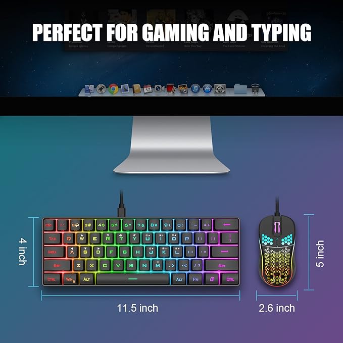 RedThunder 60% Gaming Keyboard and Mouse Combo, Ultra-Compact 61 Keys RGB Backlit Mini Keyboard, Lightweight 7200 DPI Honeycomb Optical, Wired Gaming Set for PC MAC PS5 Xbox Gamer(Black)