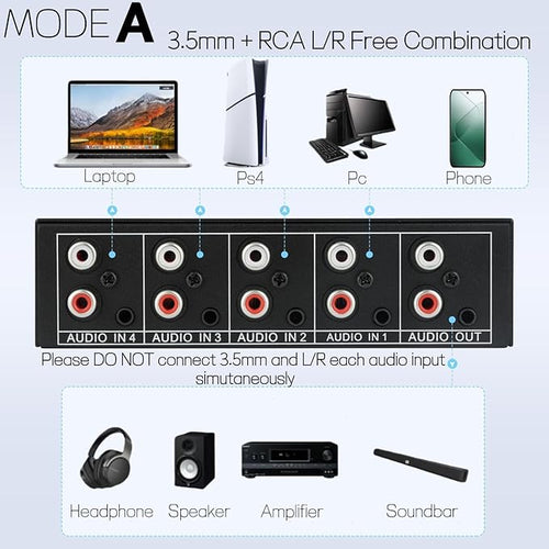 3.5mm Aux + RCA L/R Bi-Directional Stereo Audio Switch 4 in 1 Out A/B Analog Audio Switcher Selector No Power Need