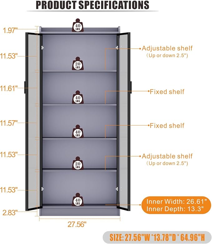 Dystler 65" Tall Display Cabinet with Doors, Lighted Bookcase with Lights/Human Sensor, 5 Tier Display Case with Adjustable Shelves for Collectibles Bedroom Living Room Office, Grey-Smoked Black Door