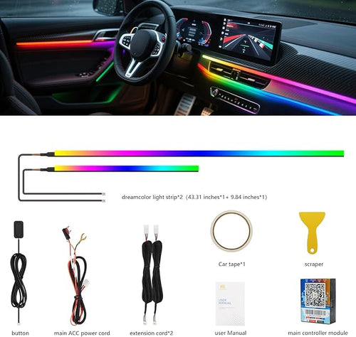 2026 Upgraded Acrylic Interior Car LED Strip Light Dual-Zone Wireless App, 2 in 1 with 43.3inch + 9.8inch Fiber Optic Strip Lights, Dynamic Chasing Music Sync Neon Car Ambient Lighting Kits